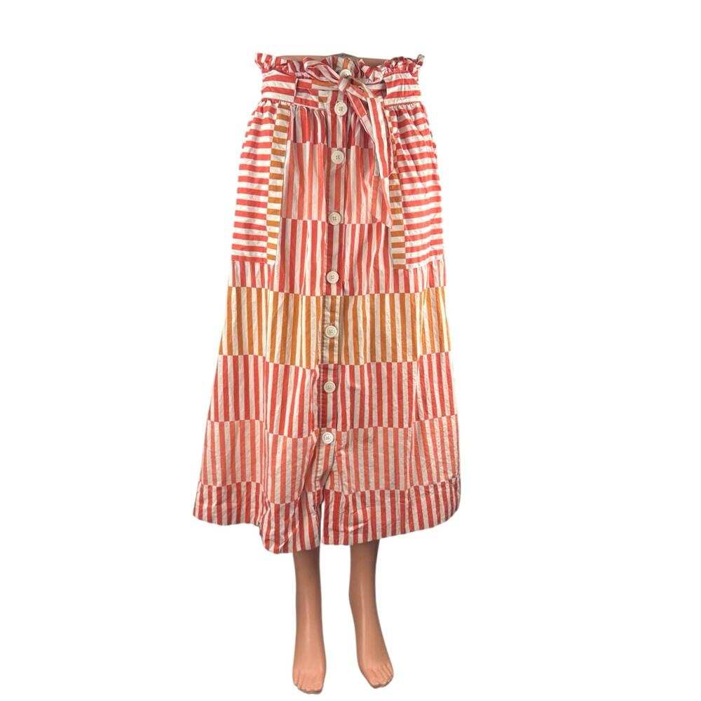 Who What Wear Coral Striped Belted Button Colorblock A Line Midi Skirt Size S